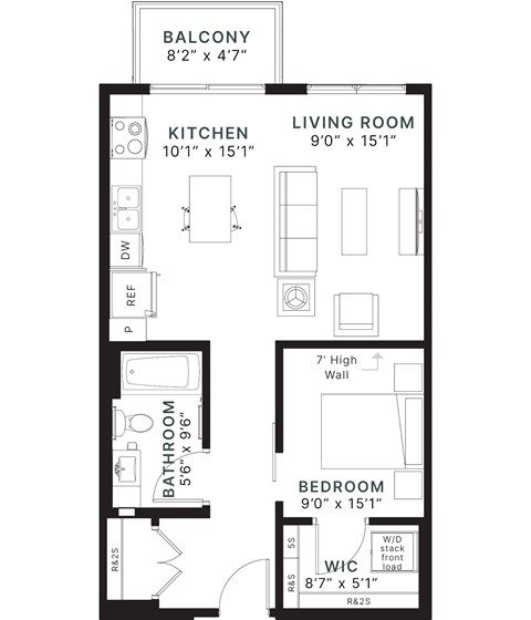 Floor plan for studio, 1 bath, 645 sqft